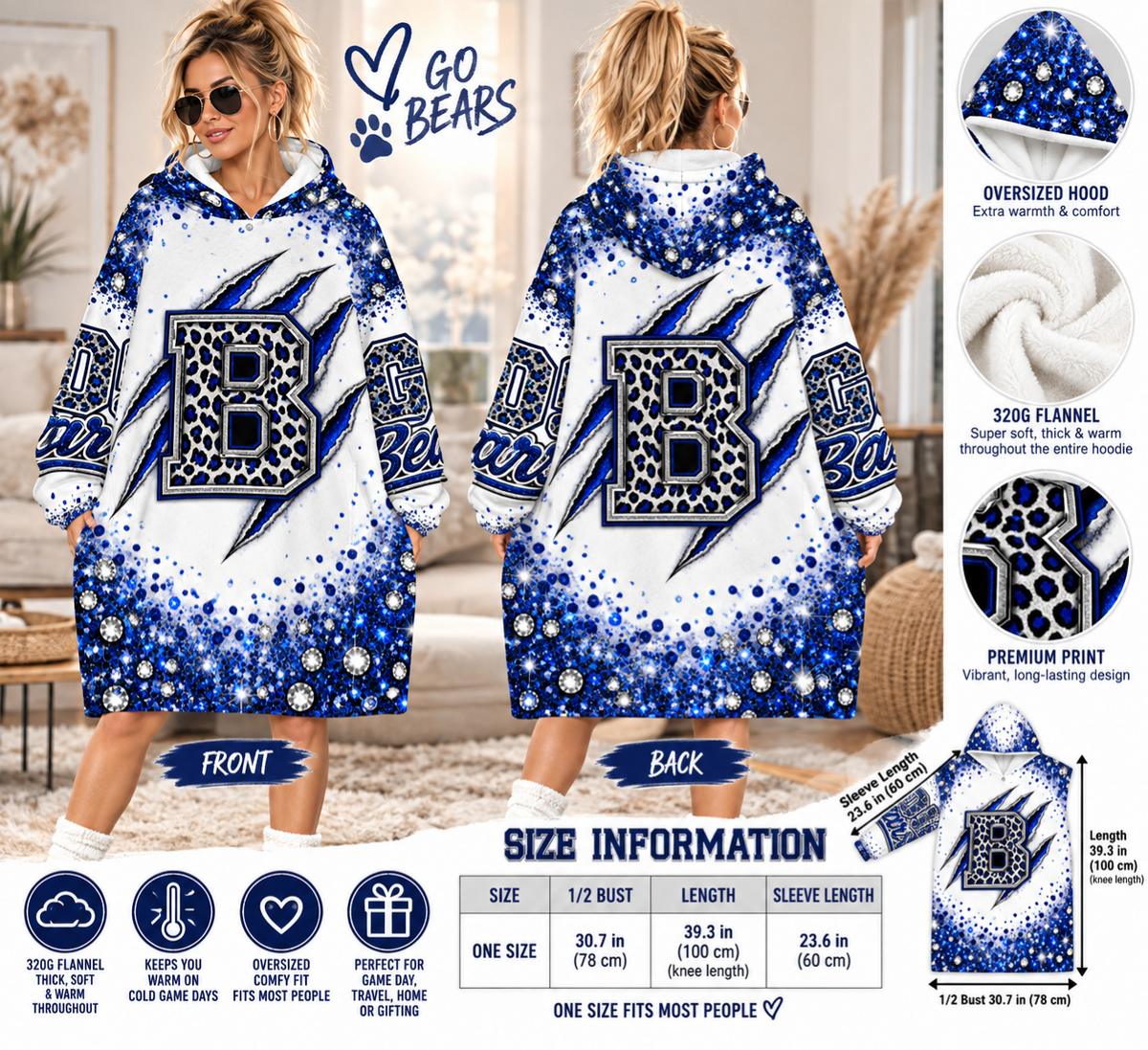 Bears Game Day Oversized Hooded Blanket | Blue Leopard Football Fan Hoodie | 320G Flannel - One Size