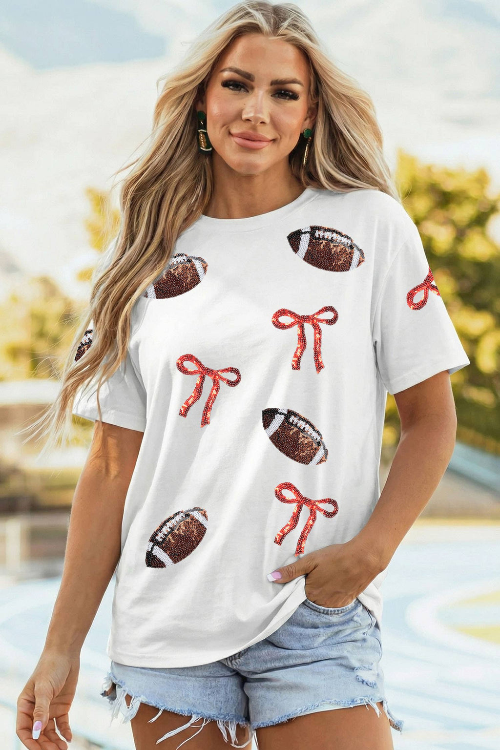 Game Day Sequin Rugby Bow Print Tee