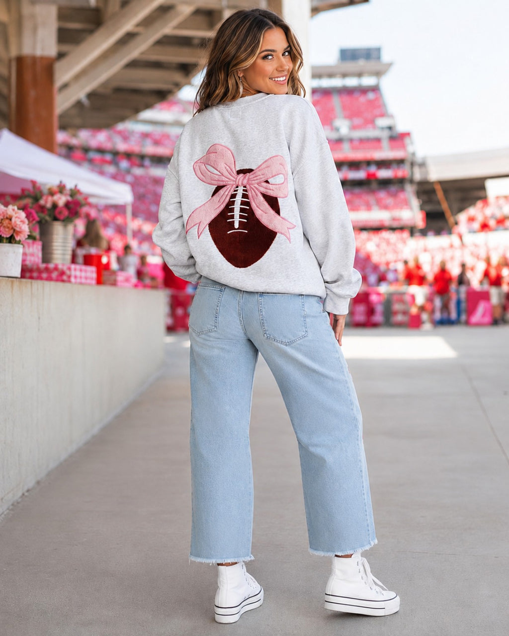 Oversized Bow Football Game Day Embroider Sweatshirt: Light Grey