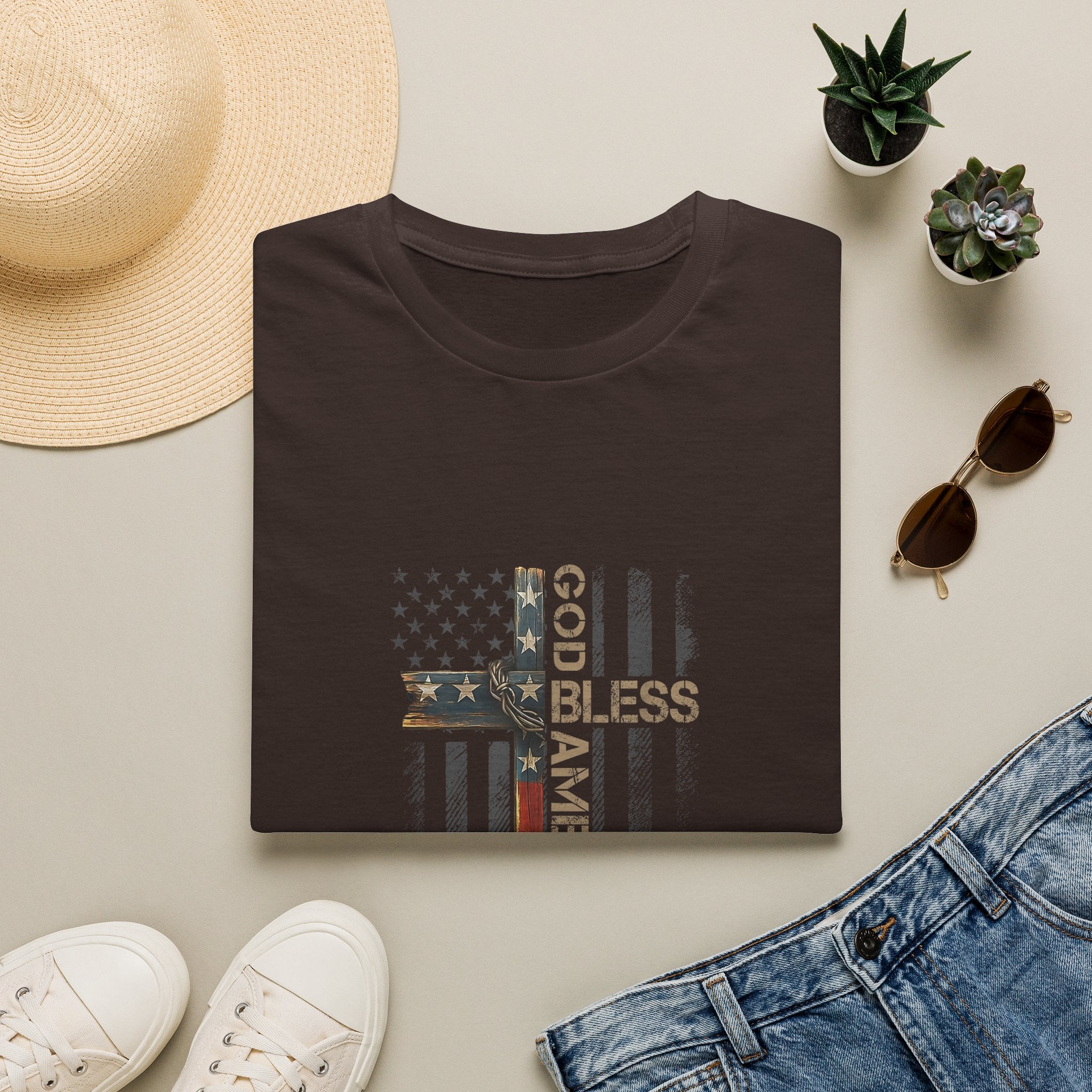 God Bless America 250 Years T-Shirt — Patriotic Flag Cross Design 1776–2026