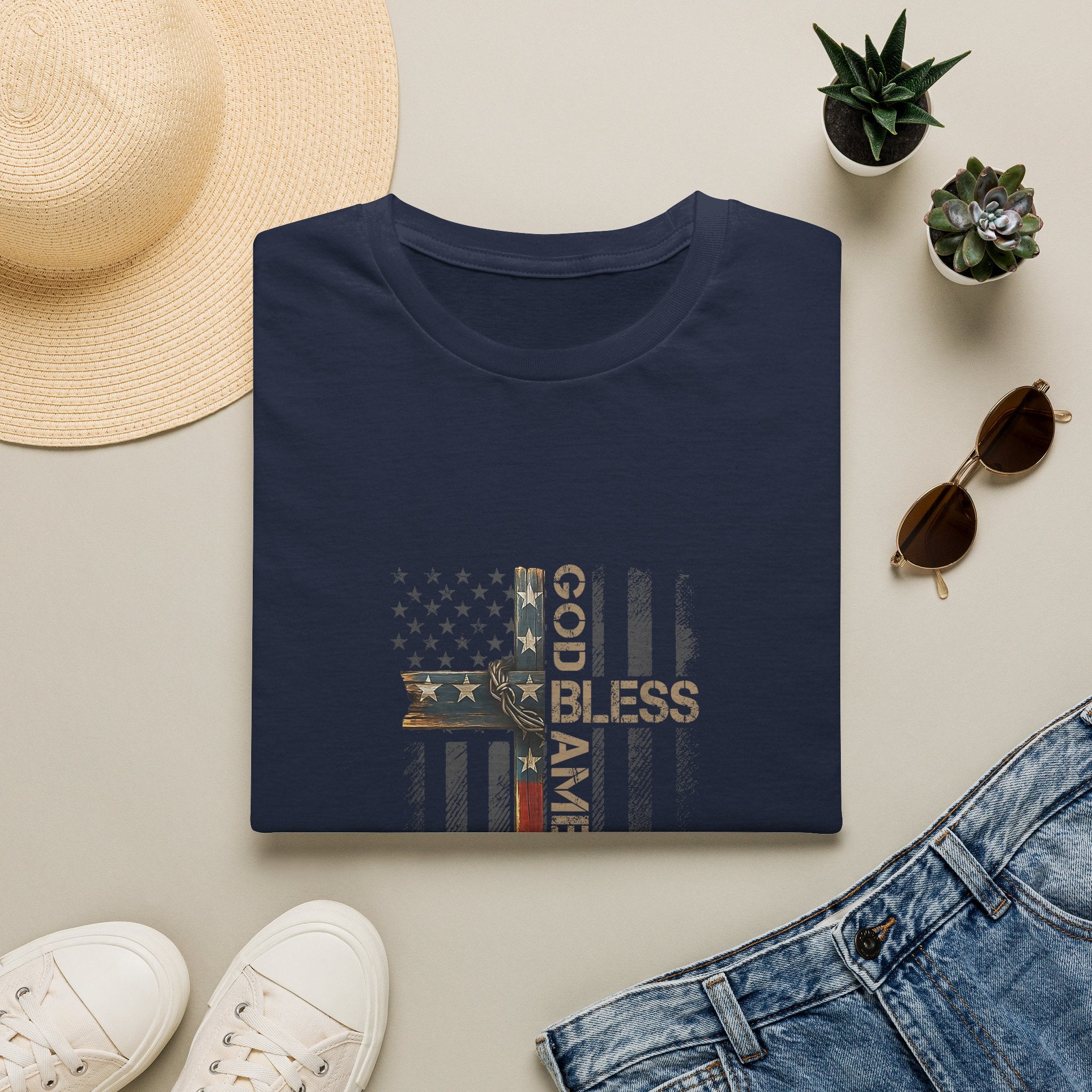 God Bless America 250 Years T-Shirt — Patriotic Flag Cross Design 1776–2026
