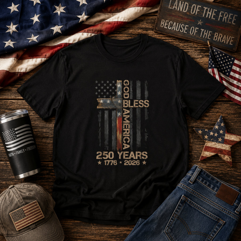 God Bless America 250 Years T-Shirt — Patriotic Flag Cross Design 1776–2026
