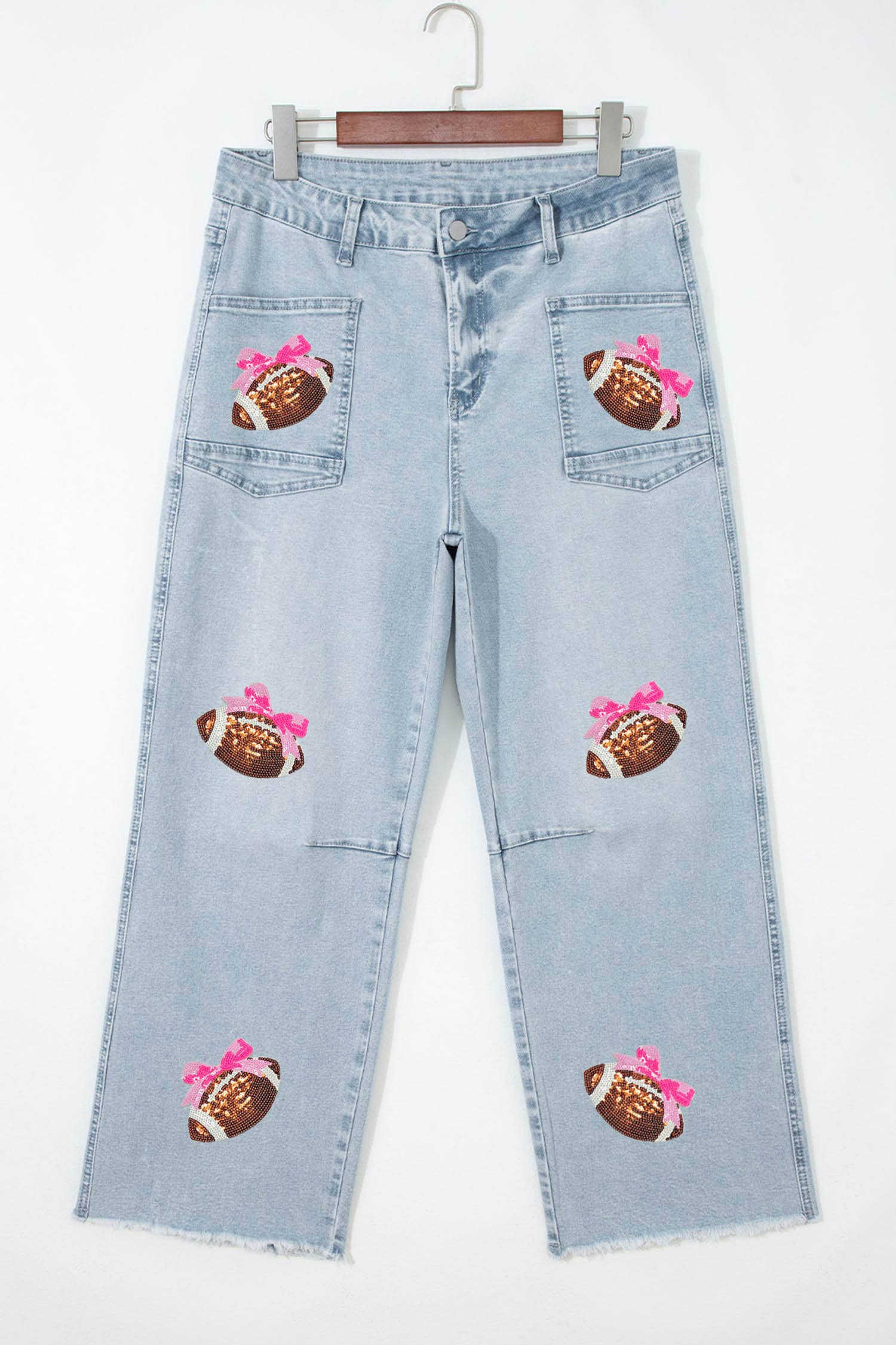 Game Day Sequin Bow Football Patches Raw Cut Jeans