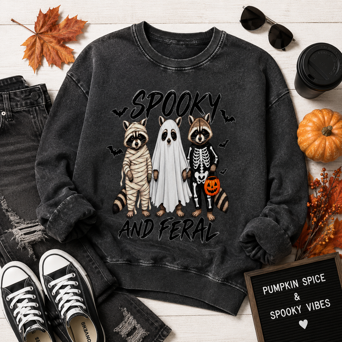 Spooky and Feral Raccoon Sweatshirt, Funny Halloween Sweatshirt for Women, Oversized Halloween Crewneck, Vintage Wash Fall Sweater, Cute Spooky Season Shirt