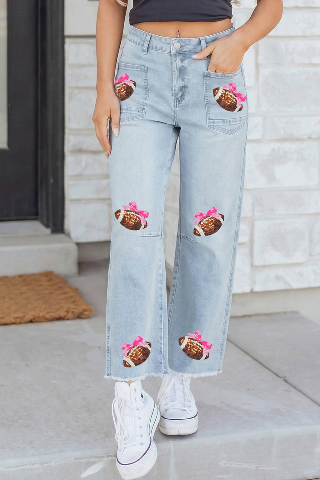 Game Day Sequin Bow Football Patches Raw Cut Jeans: Beau Blue / 8