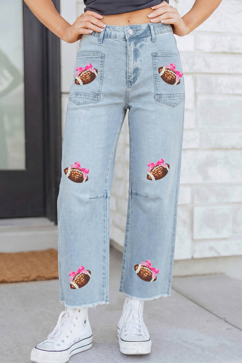 Game Day Sequin Bow Football Patches Raw Cut Jeans