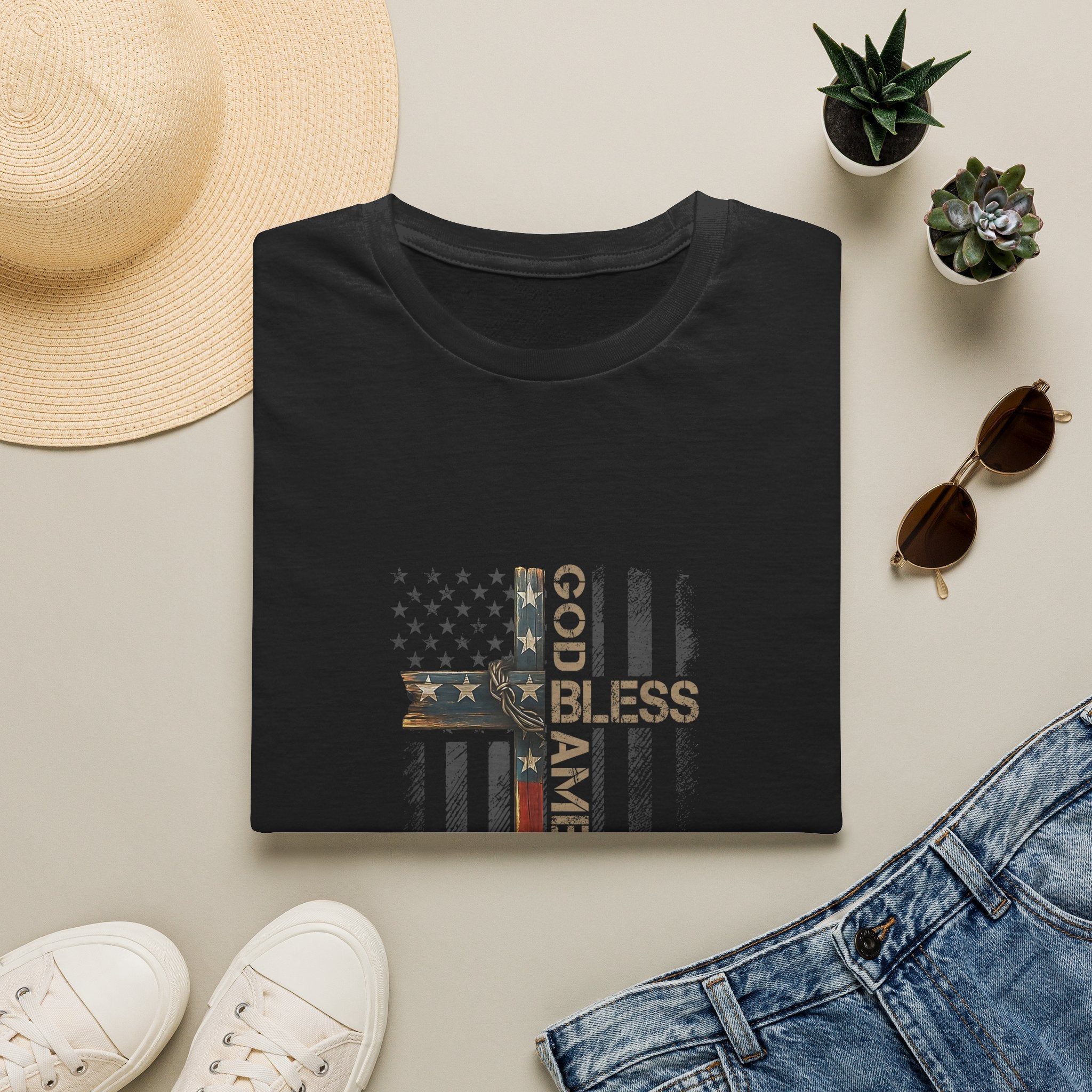 God Bless America 250 Years T-Shirt — Patriotic Flag Cross Design 1776–2026