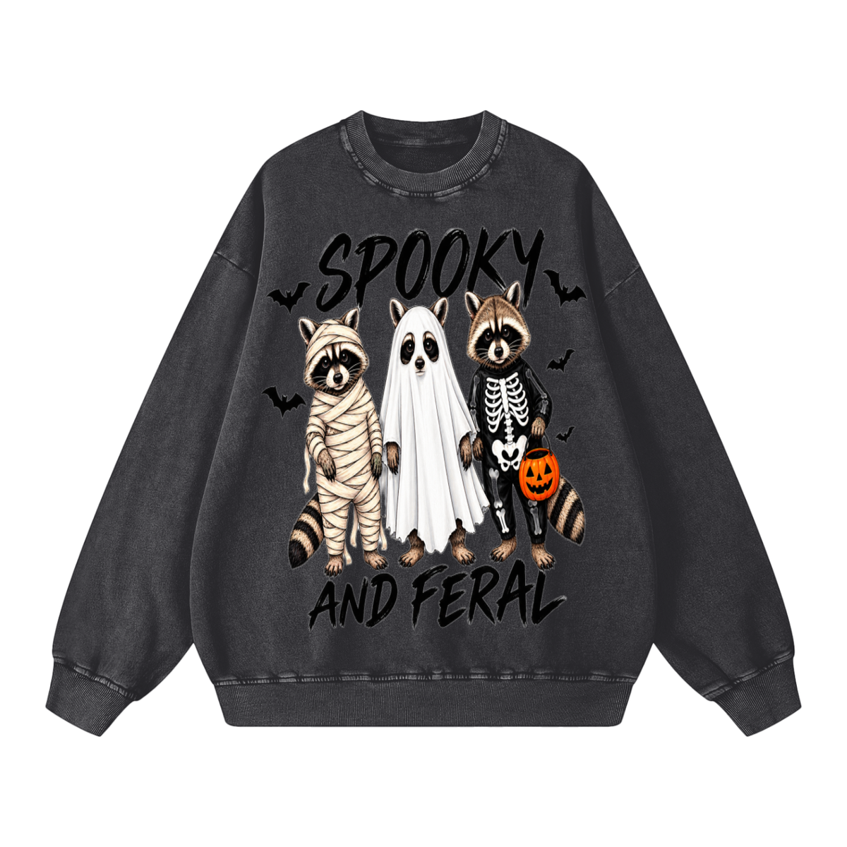 Spooky and Feral Raccoon Sweatshirt, Funny Halloween Sweatshirt for Women, Oversized Halloween Crewneck, Vintage Wash Fall Sweater, Cute Spooky Season Shirt