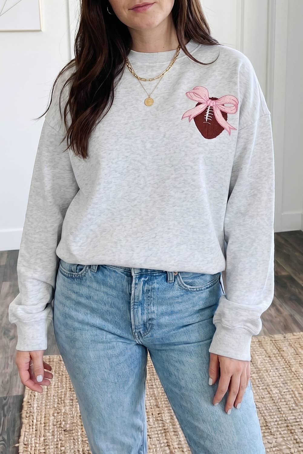 Oversized Bow Football Game Day Embroider Sweatshirt: Light Grey