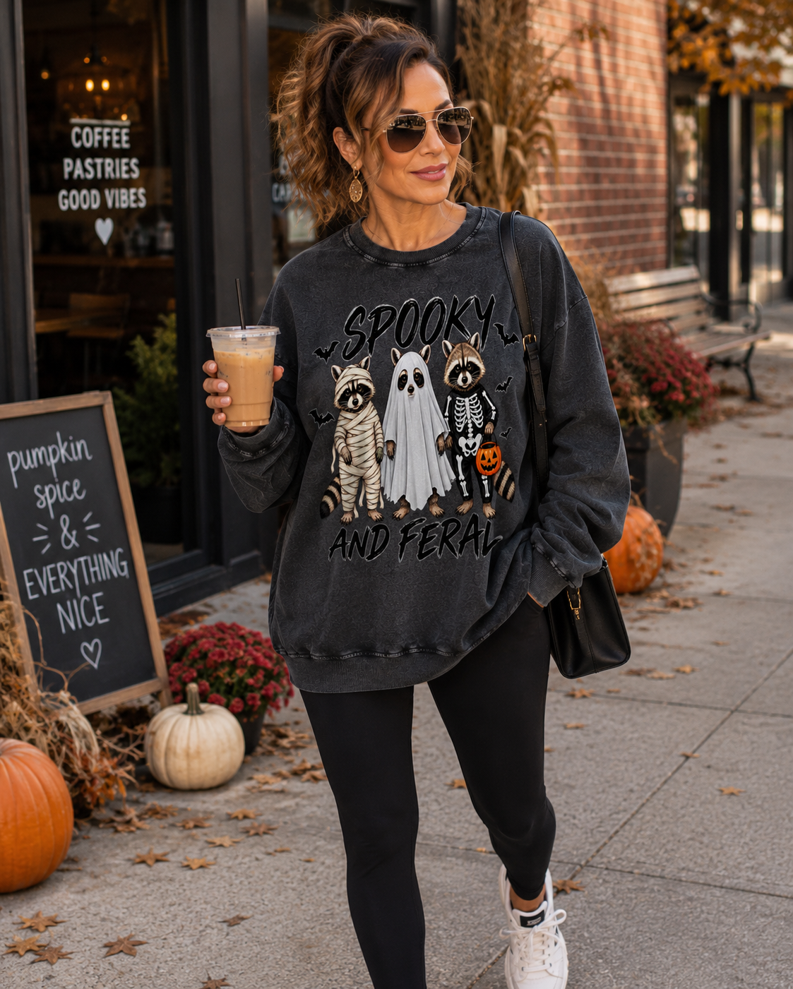 Spooky and Feral Raccoon Sweatshirt, Funny Halloween Sweatshirt for Women, Oversized Halloween Crewneck, Vintage Wash Fall Sweater, Cute Spooky Season Shirt