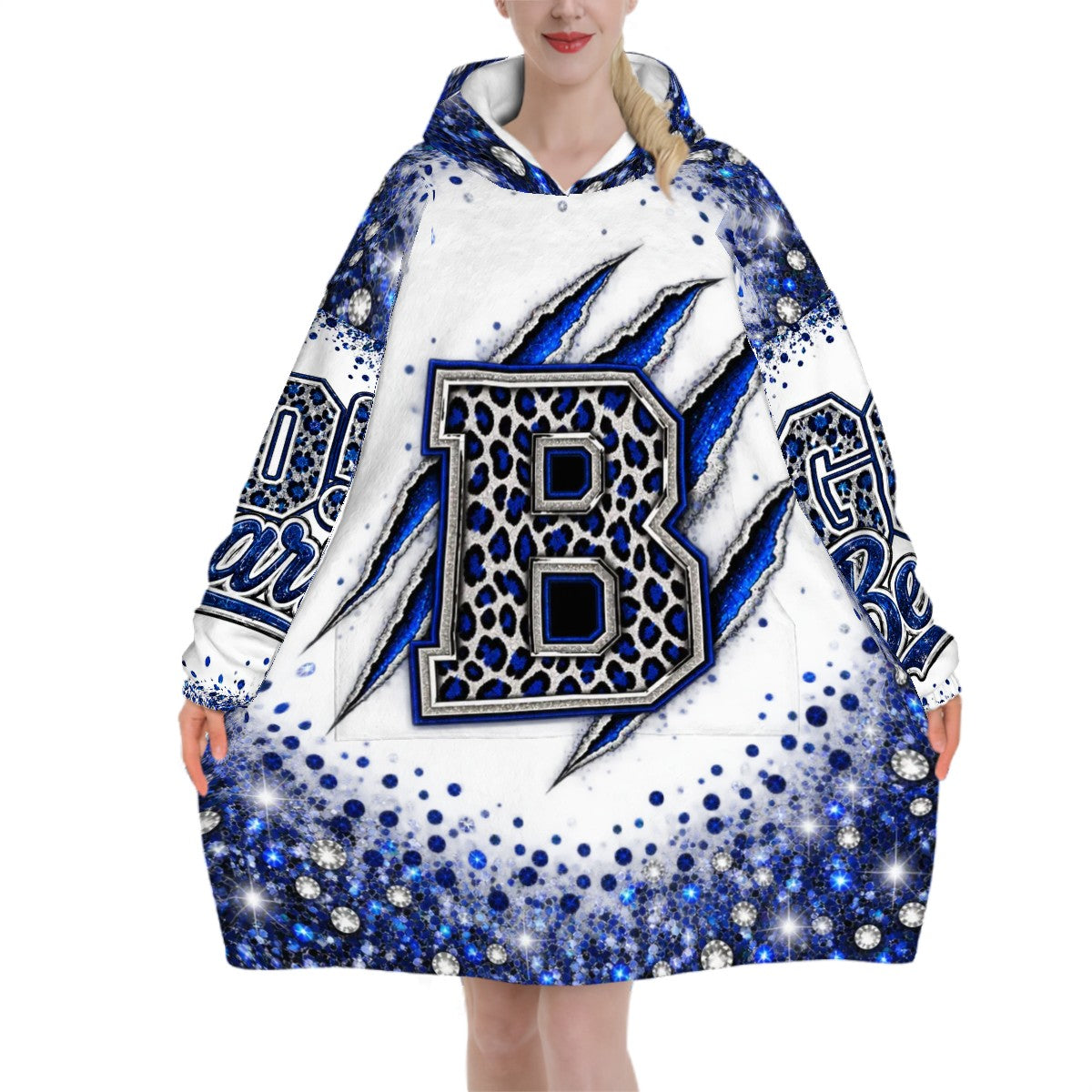 Bears Game Day Oversized Hooded Blanket | Blue Leopard Football Fan Hoodie | 320G Flannel - One Size