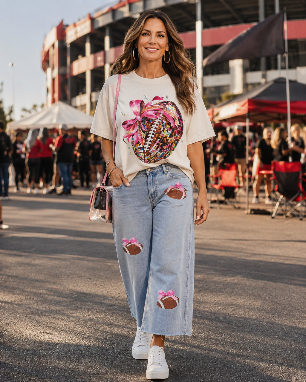 Game Day Sequin Bow Football Patches Raw Cut Jeans