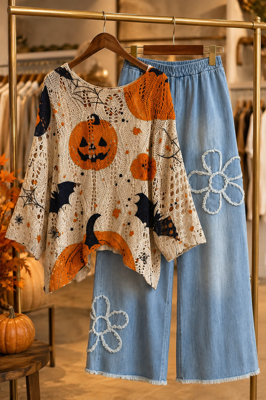 Women’s Halloween Pumpkin Crochet Sweater Top – Oversized Bat & Spiderweb Open-Knit Shirt, Cute Spooky-Season Fall Outfit