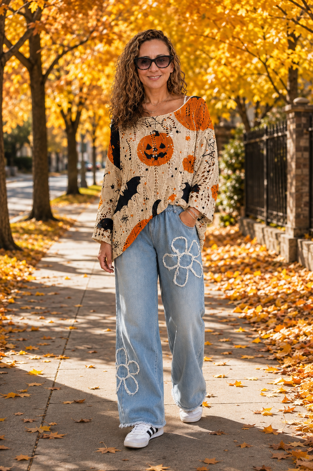Women’s Halloween Pumpkin Crochet Sweater Top – Oversized Bat & Spiderweb Open-Knit Shirt, Cute Spooky-Season Fall Outfit