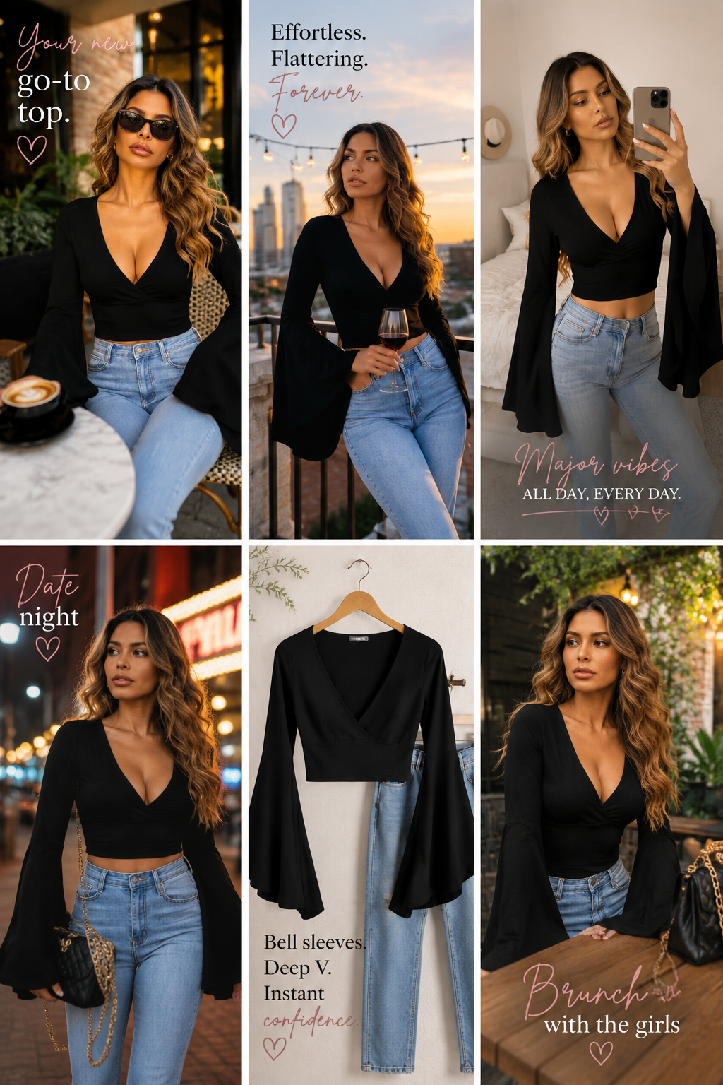 Plunge Flare Sleeve Cropped Top