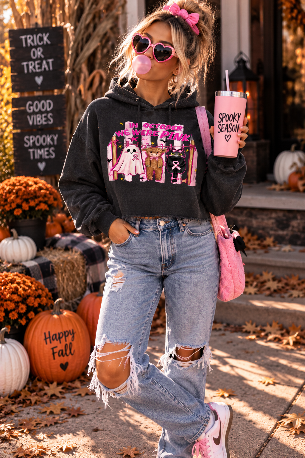 Spooky Season - Unisex Vintage Wash Raw Edge Boxy Hoodie - October we wear Pink, Sweater Weather