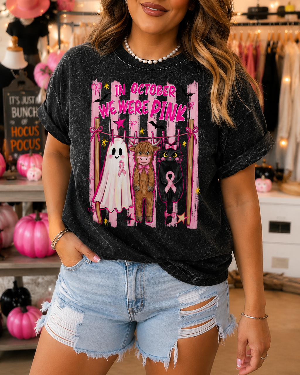 Breast Cancer Awareness Halloween Shirt, In October We Wear Pink Tee, Pink Ribbon Halloween Shirt, Spooky Season Graphic Tee, Ghost Cow Cat Shirt