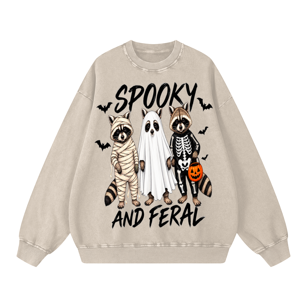 Spooky and Feral Raccoon Sweatshirt, Funny Halloween Sweatshirt for Women, Oversized Halloween Crewneck, Vintage Wash Fall Sweater, Cute Spooky Season Shirt