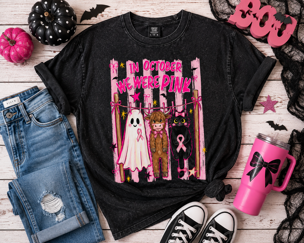 Breast Cancer Awareness Halloween Shirt, In October We Wear Pink Tee, Pink Ribbon Halloween Shirt, Spooky Season Graphic Tee, Ghost Cow Cat Shirt