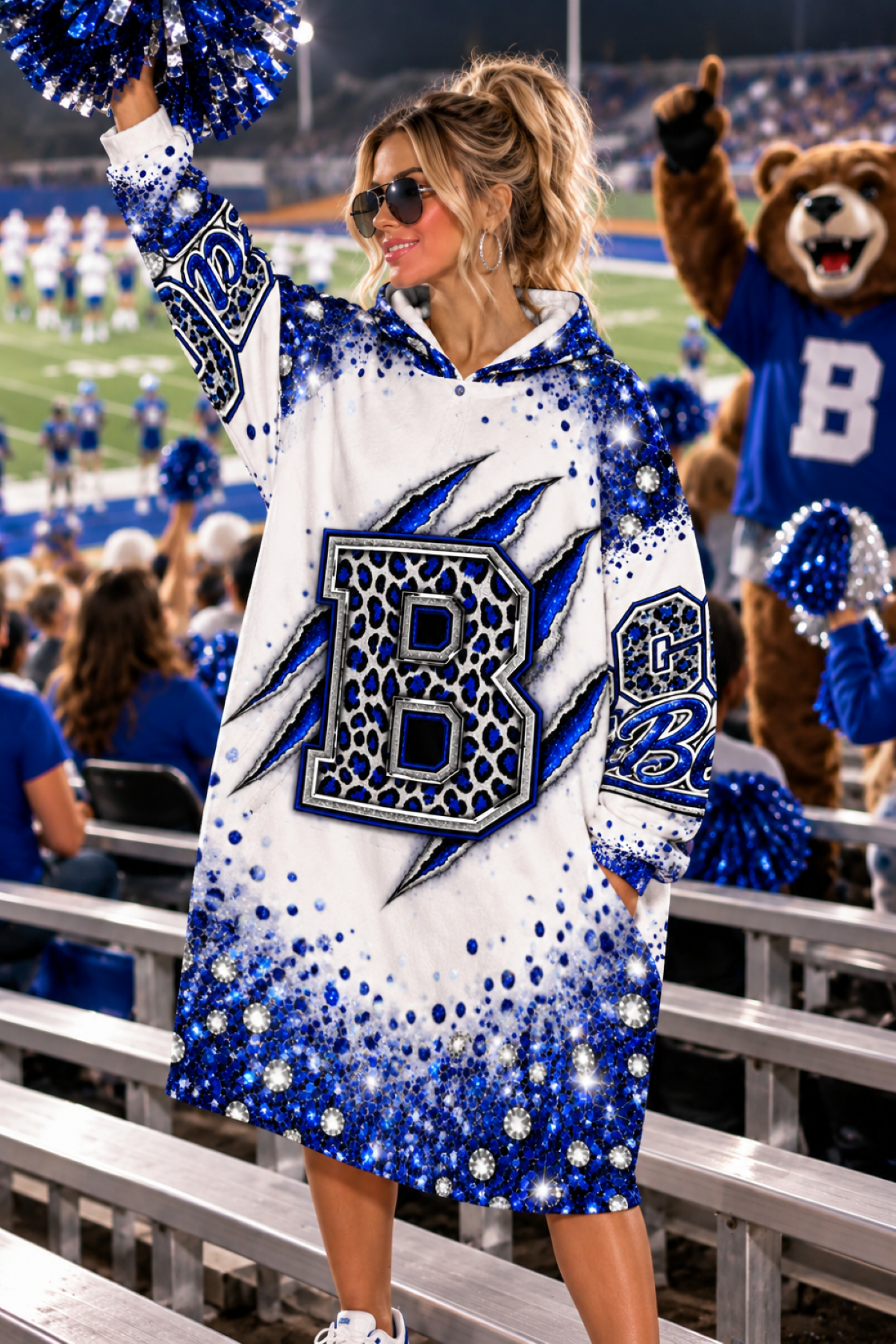 Bears Game Day Oversized Hooded Blanket | Blue Leopard Football Fan Hoodie | 320G Flannel - One Size