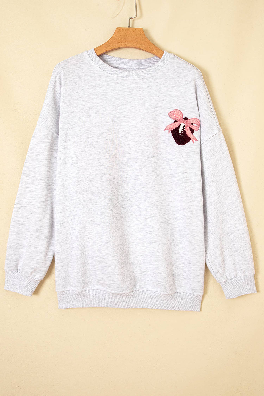 Oversized Bow Football Game Day Embroider Sweatshirt: Light Grey