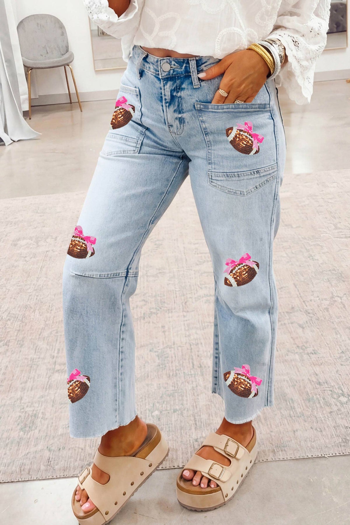 Game Day Sequin Bow Football Patches Raw Cut Jeans: Beau Blue / 8