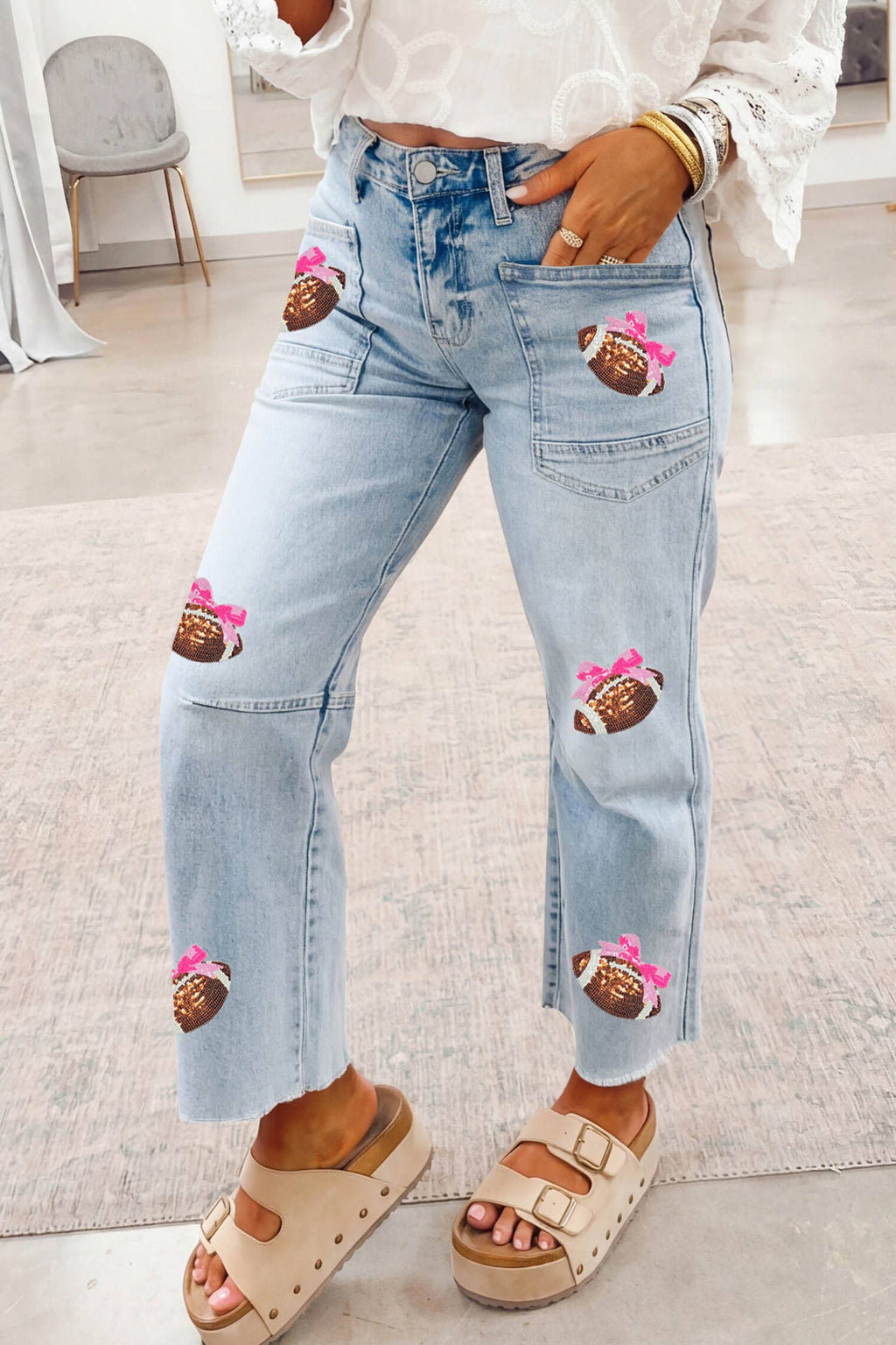 Game Day Sequin Bow Football Patches Raw Cut Jeans