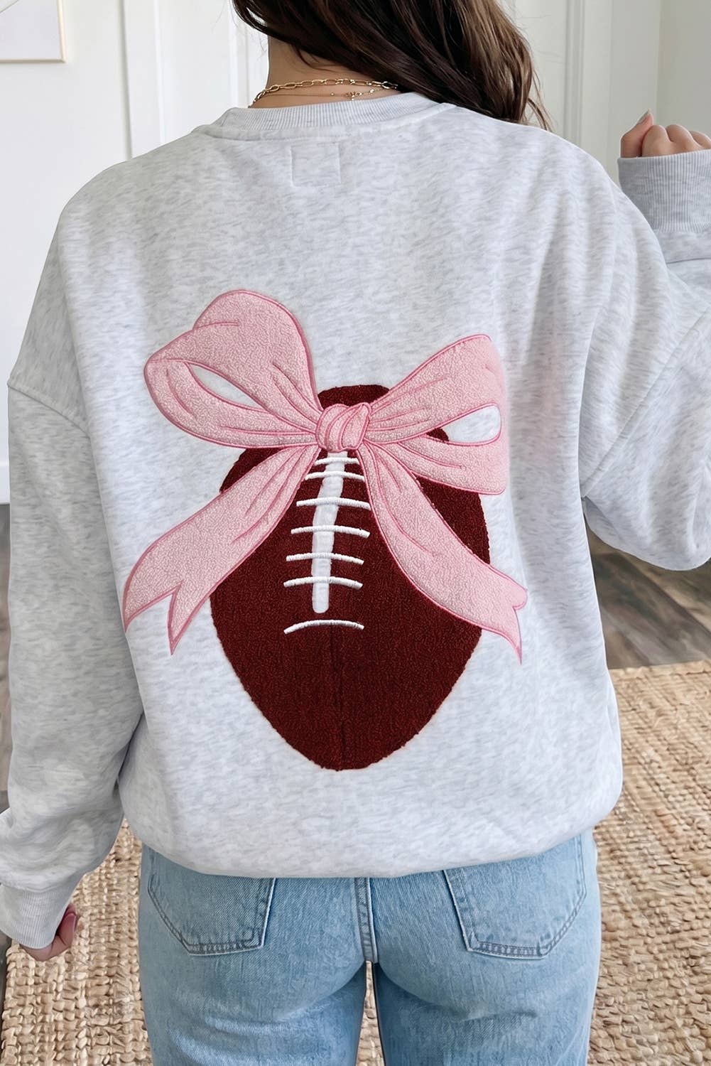 Oversized Bow Football Game Day Embroider Sweatshirt: Light Grey