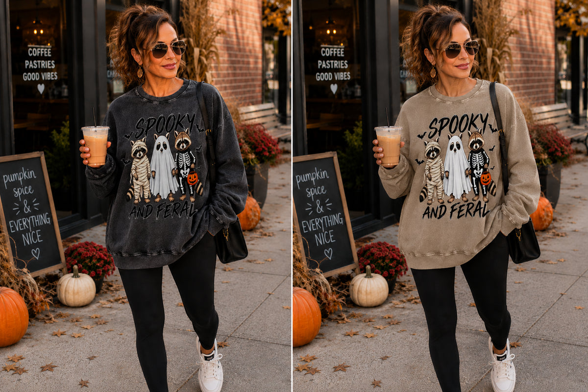 Spooky and Feral Raccoon Sweatshirt, Funny Halloween Sweatshirt for Women, Oversized Halloween Crewneck, Vintage Wash Fall Sweater, Cute Spooky Season Shirt