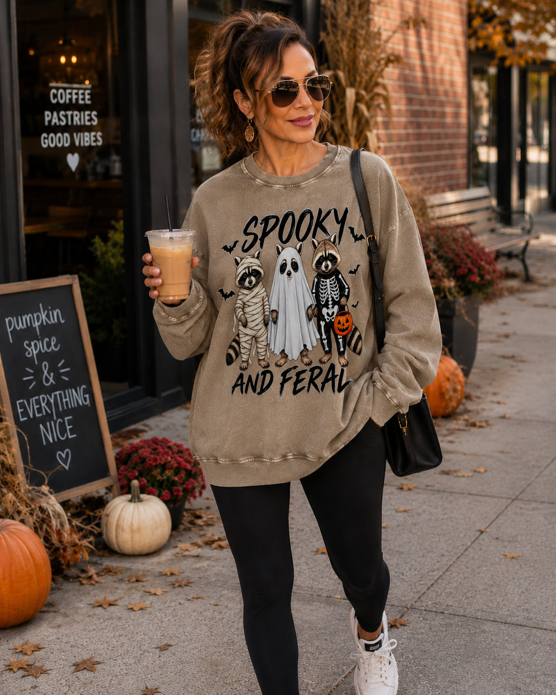 Spooky and Feral Raccoon Sweatshirt, Funny Halloween Sweatshirt for Women, Oversized Halloween Crewneck, Vintage Wash Fall Sweater, Cute Spooky Season Shirt