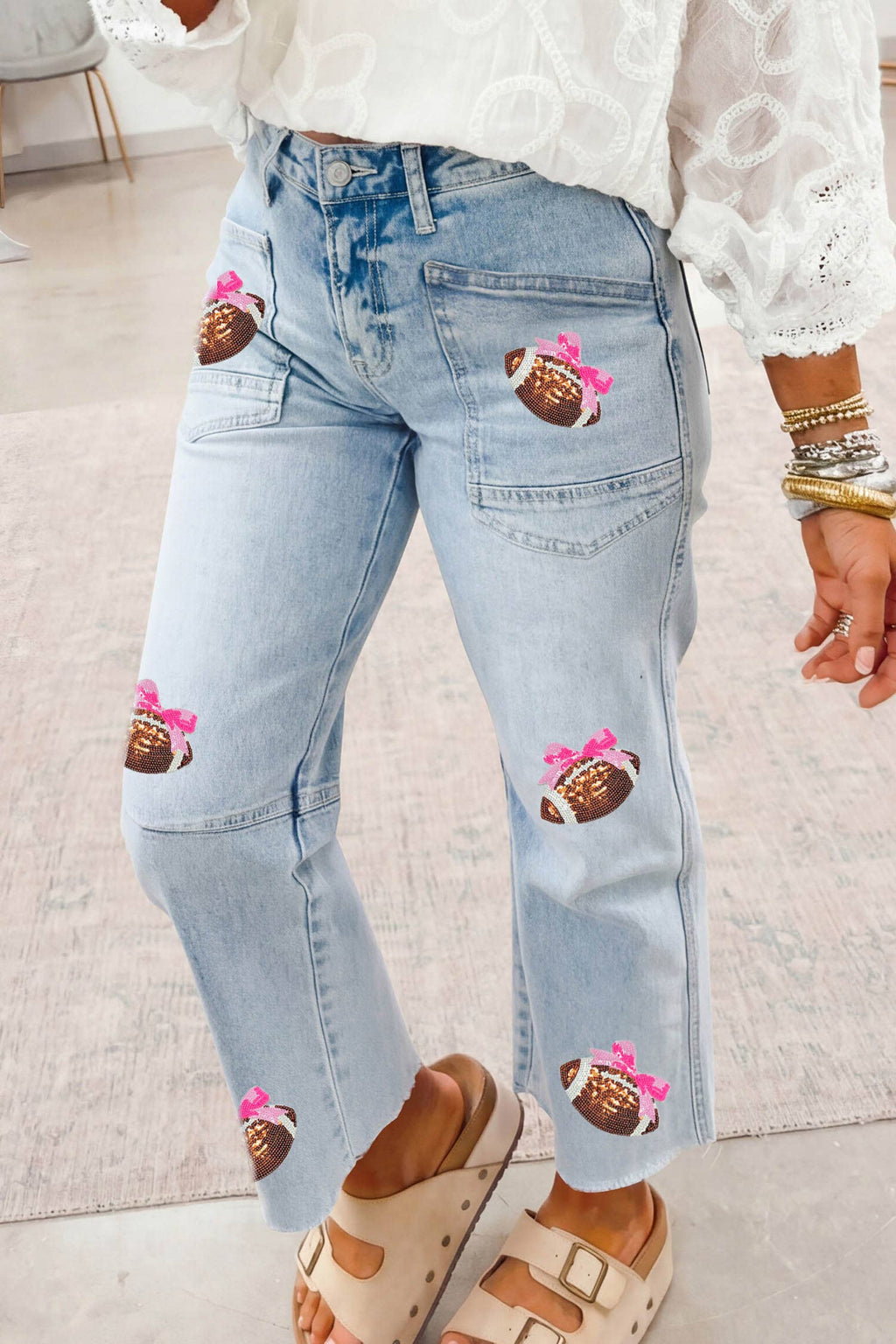 Game Day Sequin Bow Football Patches Raw Cut Jeans: Beau Blue / 8