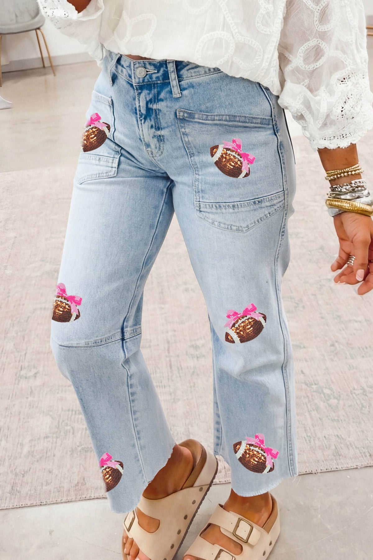 Game Day Sequin Bow Football Patches Raw Cut Jeans: Beau Blue / 8