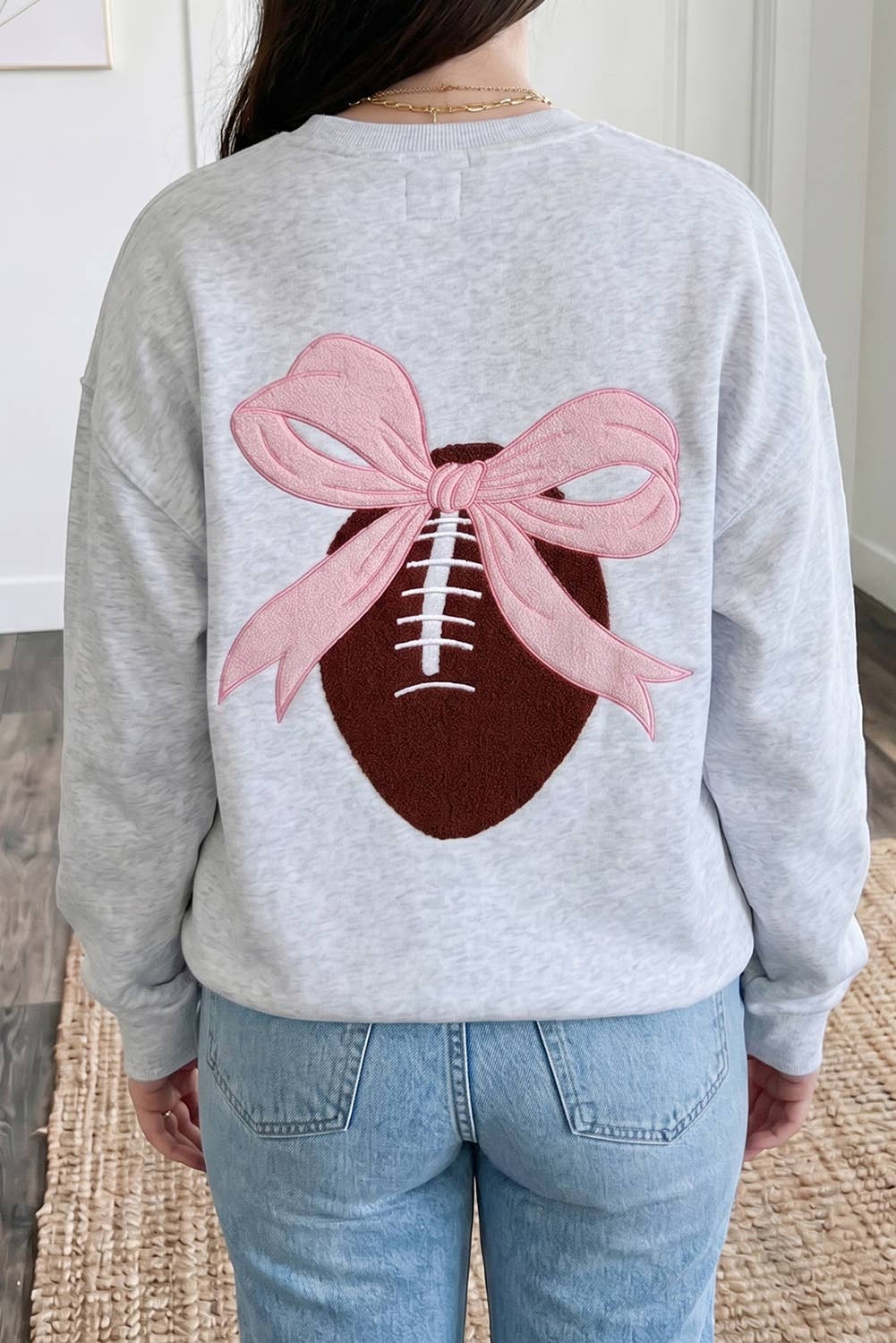 Oversized Bow Football Game Day Embroider Sweatshirt: Light Grey