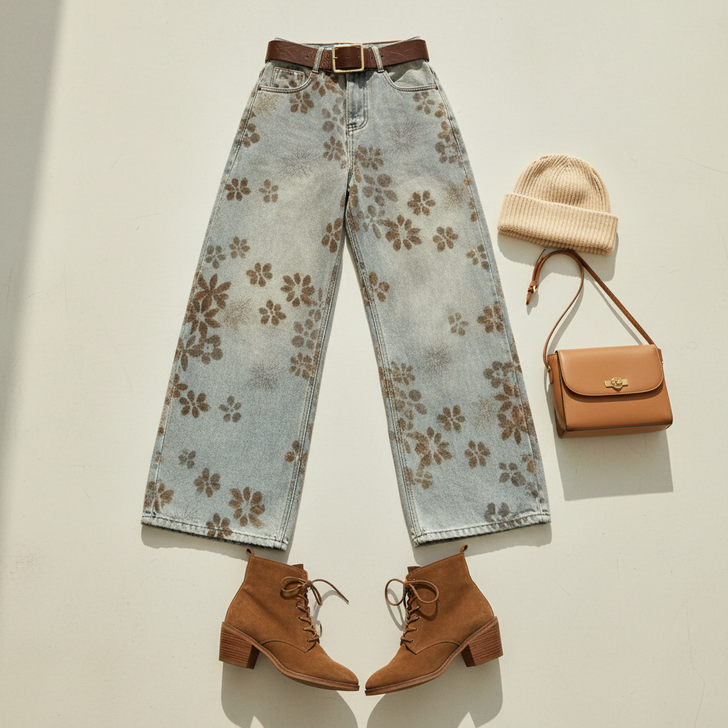 Velvet Floral Wide Barrel Leg Denim Jeans