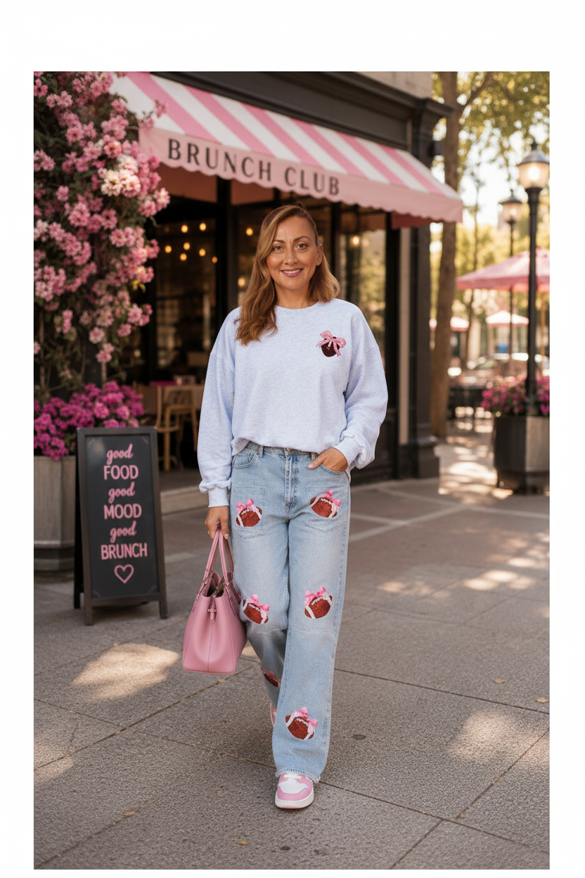 Game Day Sequin Bow Football Patches Raw Cut Jeans