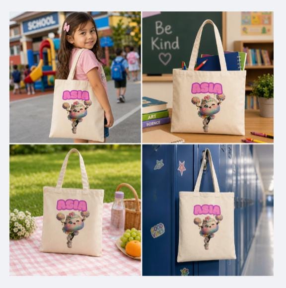 Cheerleader Tote with Child's Name - Personalized Cotton Canvas Tote Bag