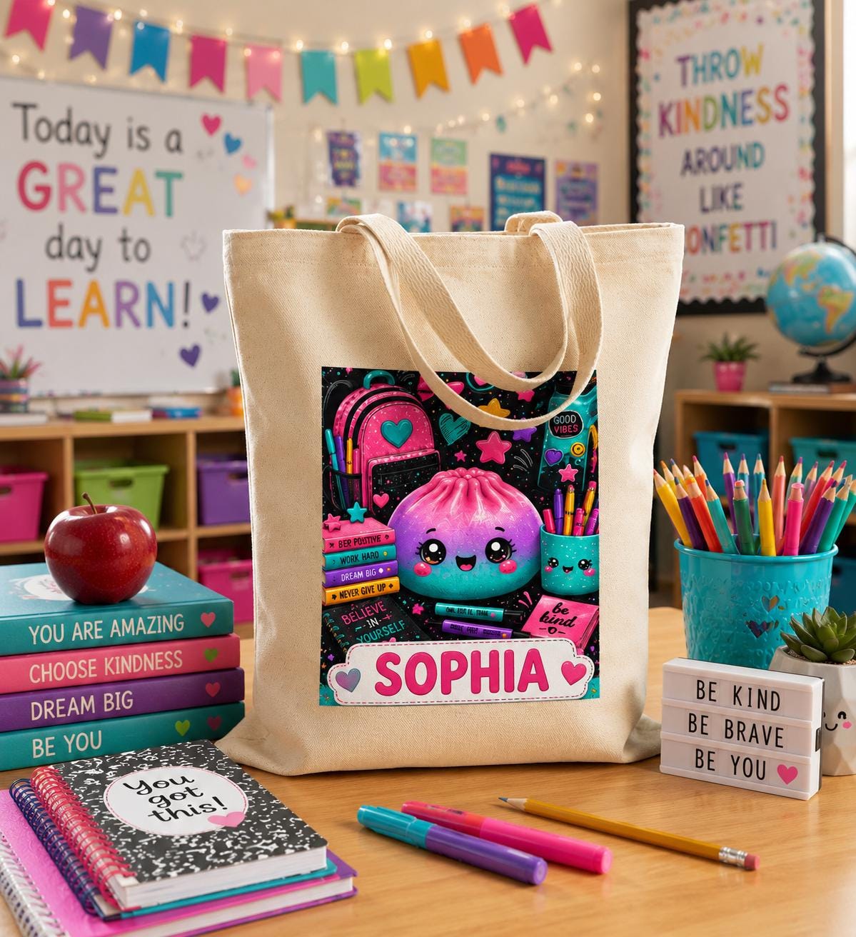 Cute Dumpling Study Tote Bag — Pastel Back-to-School Canvas Tote with 'Study' Stationery Design