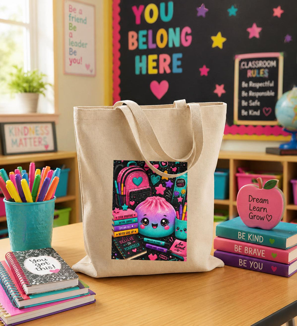 Cute Dumpling Study Tote Bag — Pastel Back-to-School Canvas Tote with 'Study' Stationery Design