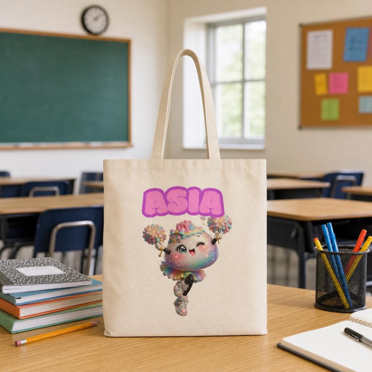 Cheerleader Tote with Child's Name - Personalized Cotton Canvas Tote Bag