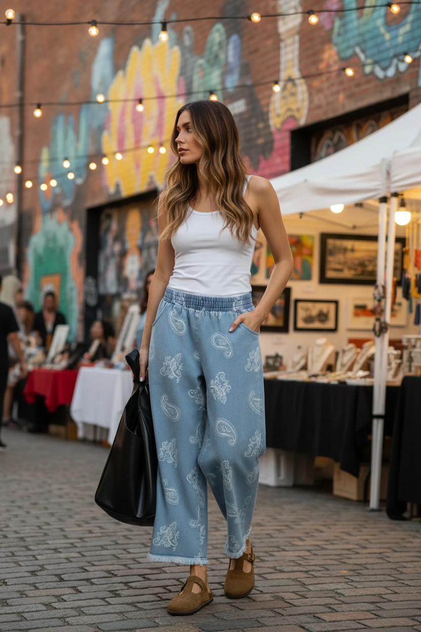Woman wearing light blue paisley wide leg denim pants at an outdoor art market with colorful murals
