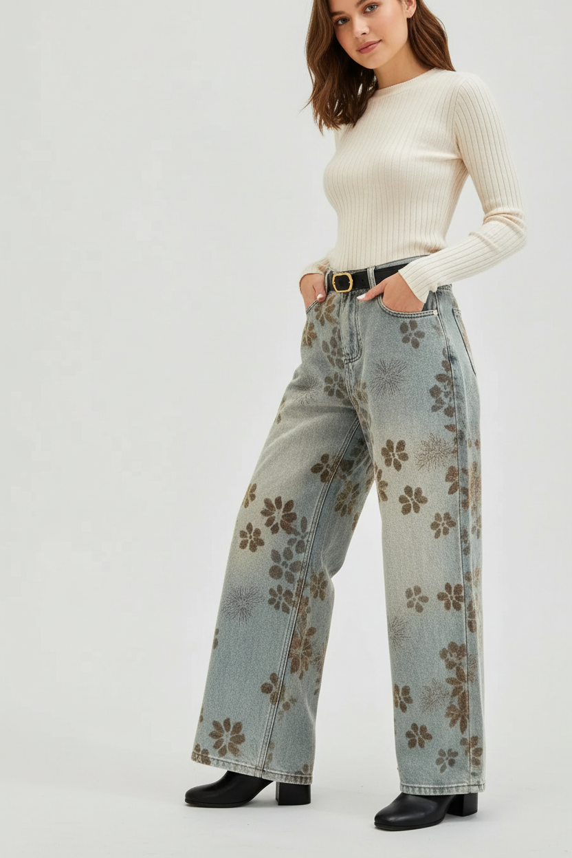 Velvet Floral Wide Barrel Leg Denim Jeans