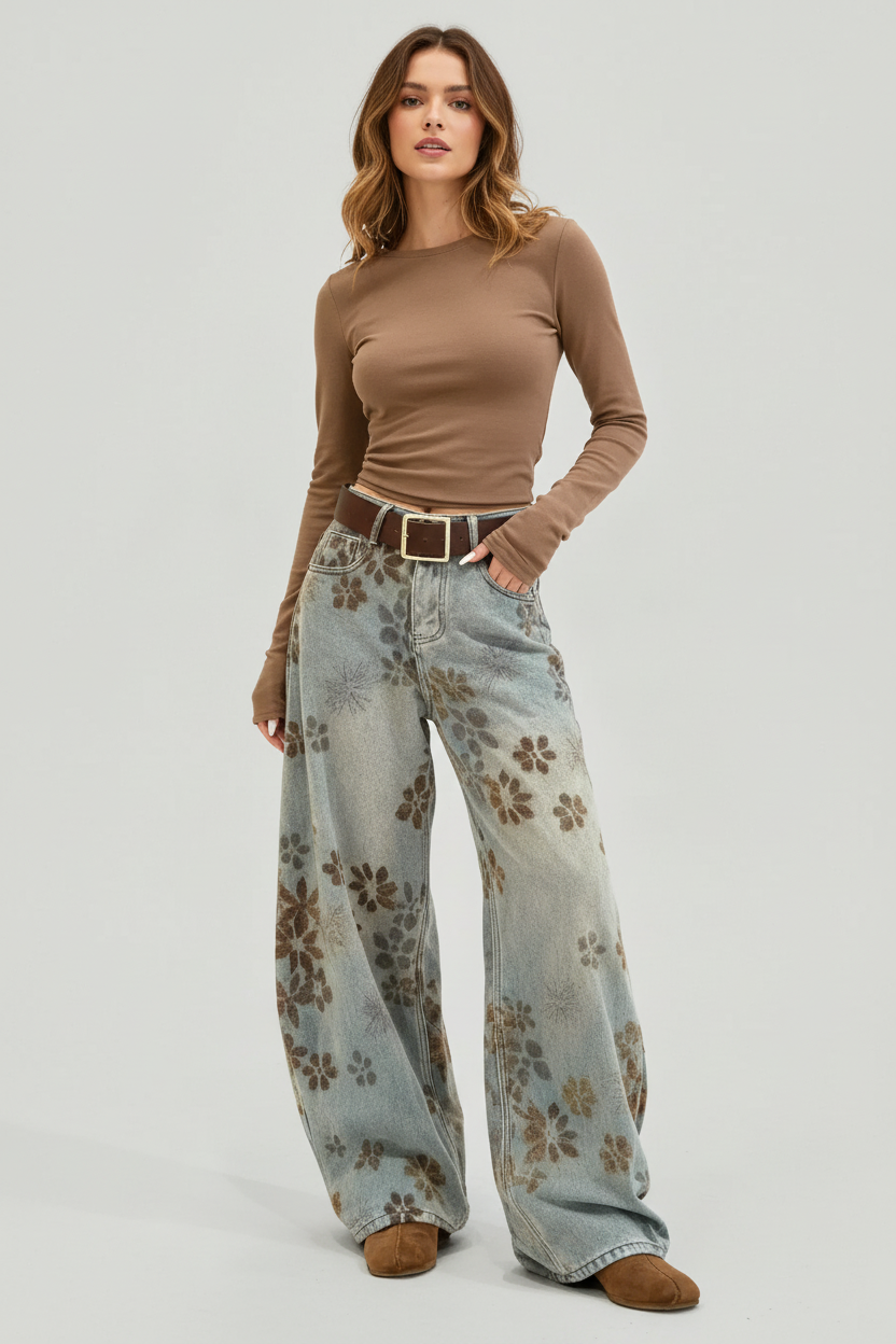 Velvet Floral Wide Barrel Leg Denim Jeans